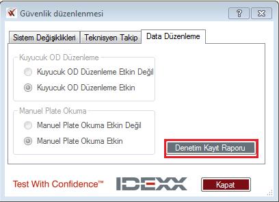 Denetim Kayıt Raporu Denetim Kayıt Raporu tüm kullanıcılar tarafından incelenebilir ve sistemde yapılmış olan şu değişiklikleri listeler: Manuel plate okuma ve kuyucuk OD düzenlemesini etkinleştirme