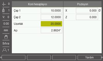 Tornaya özgü operasyonlar Koni hesaplayıcı 10 10.5 Koni hesaplayıcı Koniklik açısını hesaplamak için Koni hesaplayıcı öğesini kullanın.