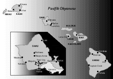 Hawai adalarının durumu ve Oahu nun daha ayrıntılı görüntüsü. İklim: Hawai nin okyanus konumu iklimi üzerinde muazzam bir etki yapmaktadır.