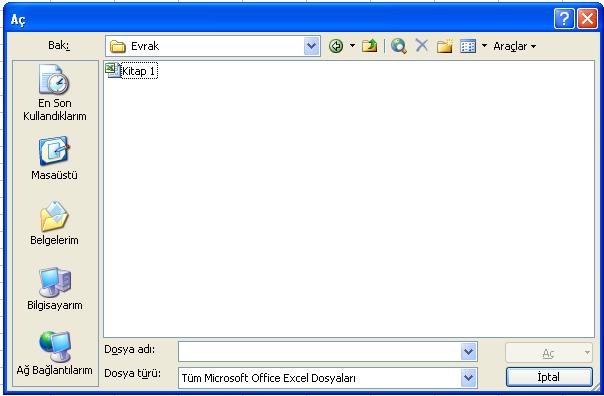 TEMEL DOSYA İŞLEMLERİ Mevcut Bir Çalışma Kitabını Açmak Dosya menüsünde Aç komutu tıklanır. Karşınıza Aç iletim penceresi çıkacaktır. Buradan istenilen Excel belgesi seçilerek Aç komutu tıklanır.