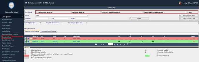 Butonu ile Ders Kayıt Danışman Onay Ekranı açılır. Üstte yer alan birinci kısım öğrencinin seçebileceği derslerin listelendiği kısımdır.