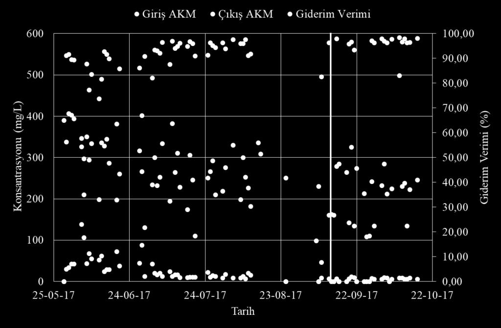 21 Giderim (%) 96 AKM Giriş (mg/l)