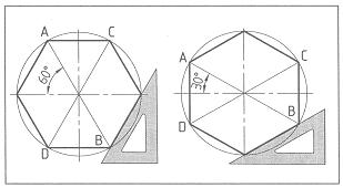 2.4.1.2. Gönye Yardımıyla Altıgen Çizimi Şekil 2.15 : Çember İçine Altıgen Çizimi 1. Çember çizilir. 2. 30o-60o lik gönyeyle merkezden geçer şekilde çemberi kesen doğrular çizilip altıgene ait A, B, C ve D noktaları bulunur.