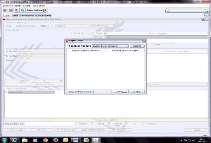11.ADIM;Şimdi evrakı nereye göndereceğimiz birimi seçeçeğiz.bunu için Dağıtım Listesi Hazırla butonuna tıklayalım. Açılan ekranda Seçiniz butonuna basalım.