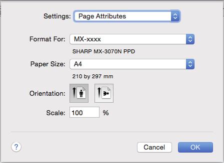 MX-2630N/3050N/3550N/4050N/5050N/6050N'de, makineyi Mac OS ortamında yazıcı olarak kullanmak için PS3 genişletme kiti gerekir. [File] menüsünden [Page Setup] öğesini seçin.