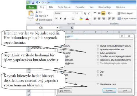 verildikten sonra taşımanın gerçekleştirileceği hücrenin üzerinde, sağ tuş tıklanarak açılan menüden özel yapıştır (Ctrl+Alt+V) komutu seçilir. Bu işlemden sonra ekrana, Resim 2.