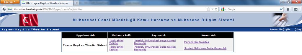 KBS TAŞINIR KAYIT VE YÖNETİM SİSTEMİNE GİRİŞ Şifre değiştirildikten sonra kullanıcının