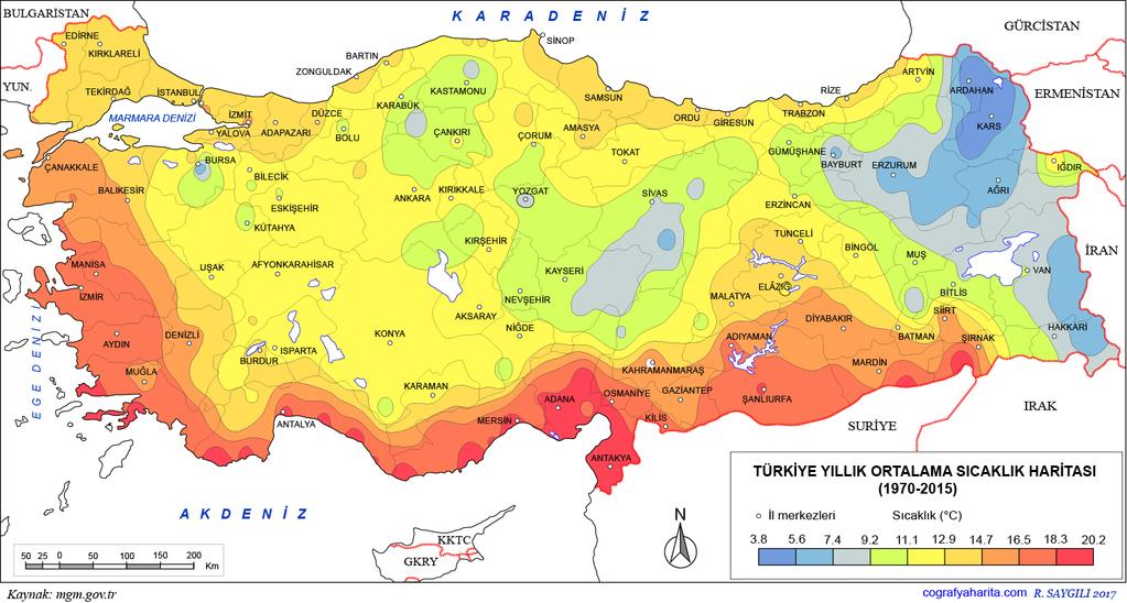 Sıcaklık Türkiye de yıllık ortalama sıcaklıklar 4 ile 20 derece arasında değişmektedir.