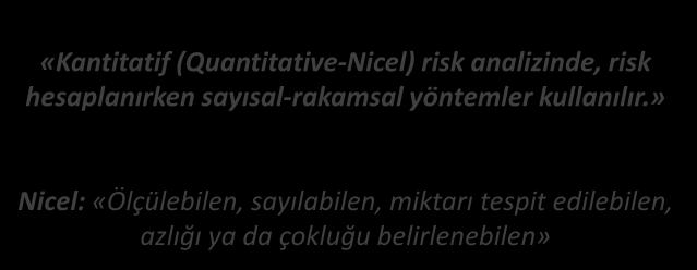 RİSK METODOLOJİLERİ (YÖNTEMLERİ-TEKNİKLERİ) KANTİTATİF (NİCEL SAYISAL RAKAMSAL) METOD «Kantitatif (Quantitative-Nicel) risk analizinde, risk hesaplanırken sayısal-rakamsal yöntemler