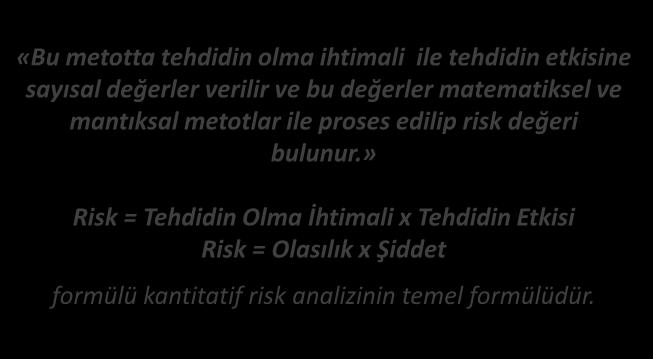 RİSK METODOLOJİLERİ (YÖNTEMLERİ-TEKNİKLERİ) KANTİTATİF (NİCEL SAYISAL RAKAMSAL) METOD «Bu metotta tehdidin olma ihtimali ile tehdidin etkisine sayısal değerler verilir ve bu değerler matematiksel ve