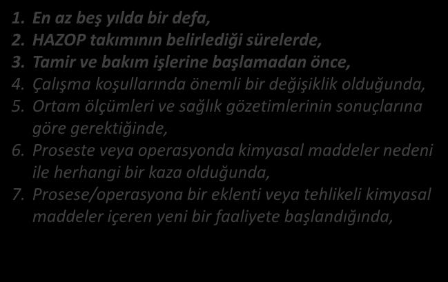 RİSK DEĞERLENDİRME / HAZOP HAZOP ÇALIŞMALARINI YENİLEME ZAMANI 1. En az beş yılda bir defa, 2. HAZOP takımının belirlediği sürelerde, 3. Tamir ve bakım işlerine başlamadan önce, 4.