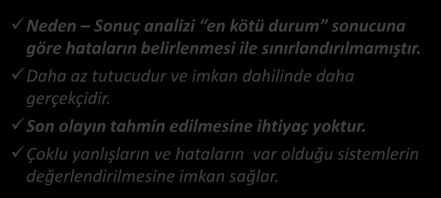 RİSK DEĞERLENDİRME NEDEN-SONUÇ ANALİZİNİN AVANTAJLARI Neden Sonuç analizi en kötü durum sonucuna göre hataların belirlenmesi ile sınırlandırılmamıştır.