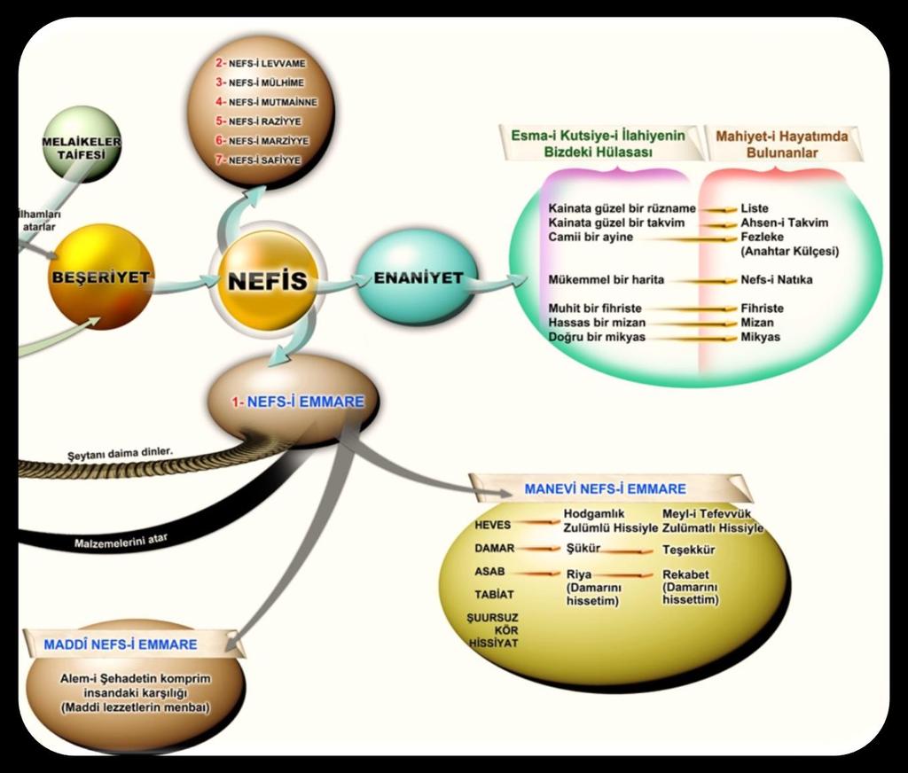 Nefs- i Emmare ikiye ayrılıyor: Maddi Nefs-i Emmare Manevi Nefs-i Emmare Maddi Nefs-i Emmare Alem-i Şehadetin bütünsel hülasası. İnsanda cesettir.