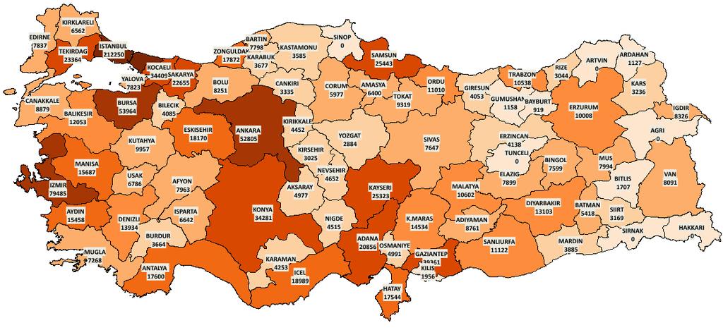 - Abone Sayısı Farkı Haritası - döneminde doğal gaz dağıtım sistemine 1.114.247 yeni abone dahil olmuştur. İstanbul, 212.