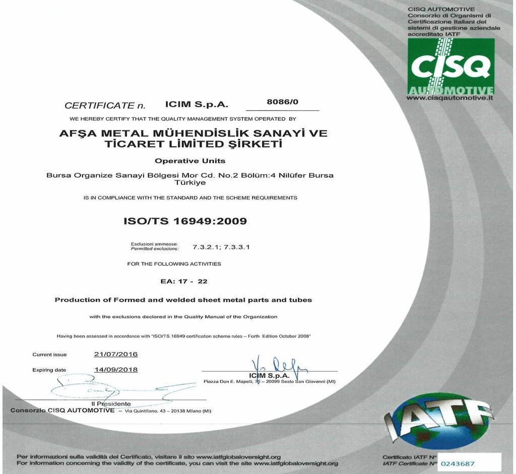 We have achieved ISO-TS 16949:2009 and ISO 9001-2008 certificates after successfully satisfying