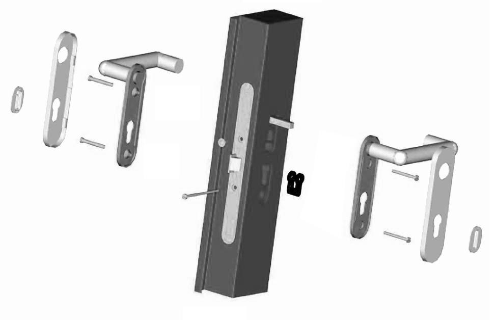 8. KAPI KOLU MONTAJI Kapı üzerinde gönderilen CR1 kilitler, kapıyla birlikte gönderilen kapı kolları ile kullanılır. Özel anahtarlı olan bu kapı kolları için barel kullanılmaz.
