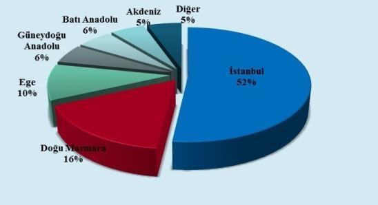 gerçekleştirdikleri % 52 oranındaki ihracat ile diğer bölgelerde kayıtlı tüm firmalarca gerçekleştirilen ihracat işlemlerine kıyasla ciddi farkla birinci sıradadır.