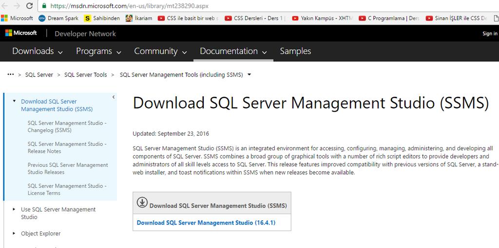 Yüklediğimiz SQL SERVER Management Studio