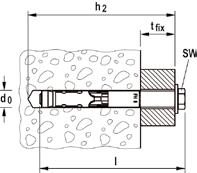 Yüksek performanslı dübel FH II 3 Altıgen başlı yüksek performanslı dübel FH II-S Mekanik dübeller Galvanizli Paslanmaz Onay Delik çapı Sabitlenecek parça üzerinden montaj için min.