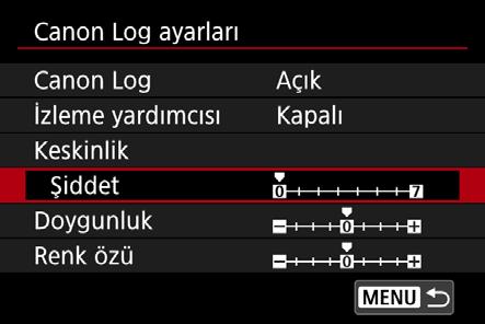 7 Canon Log video özelliklerini ayarlayın. Gerektiği şekilde ayarlayın. Parametre ([Keskinlik: Şiddet], [Doygunluk], [Renk özü]) seçmek için <5> kadranını döndürün, ardından <0>'a basın.