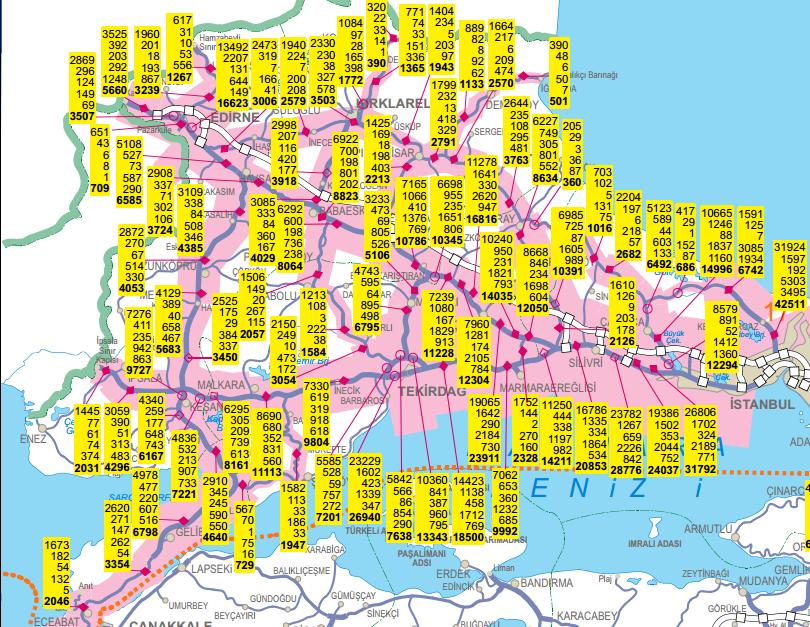 Şekil 96 Devlet Yollarındaki Yıllık Ortalama Günlük Trafik Değerleri, 2011 Kaynak: Karayolları Genel Müdürlüğü http://www.kgm.gov.