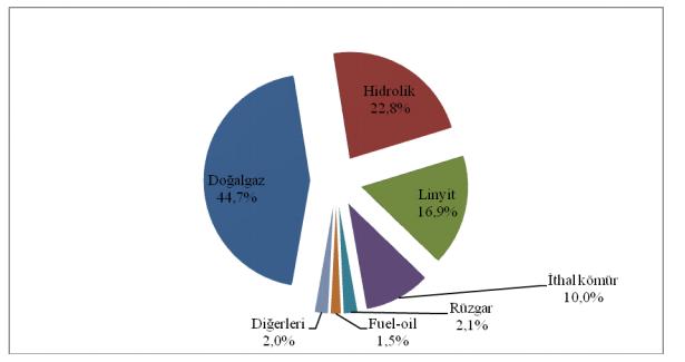 Şekil 102 Üretimin Kaynaklara Göre Dağılımı,2011,EPDK Kaynak: EPDK, Elektrik Piyasası Raporu Yukarıdaki şekilde elektrik üretiminin kaynaklarına göre dağılımına yer verilmiştir.