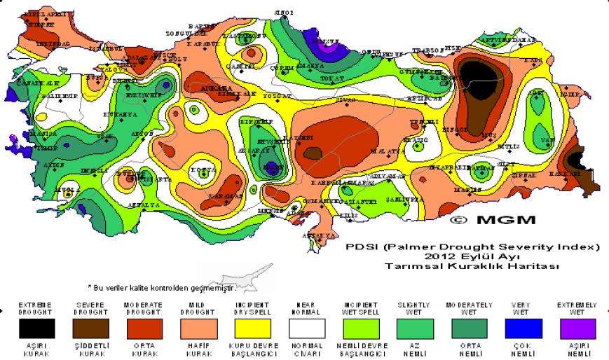 Şekil 6 PDSI Metodu ile 2011 2012 Tarım Yılı 12 aylık kuraklık değerlendirmesi 9 Erinç İklim Sınıflandırmasına 10 göre (Denklem 1) yıllık toplam yağışın(mm.