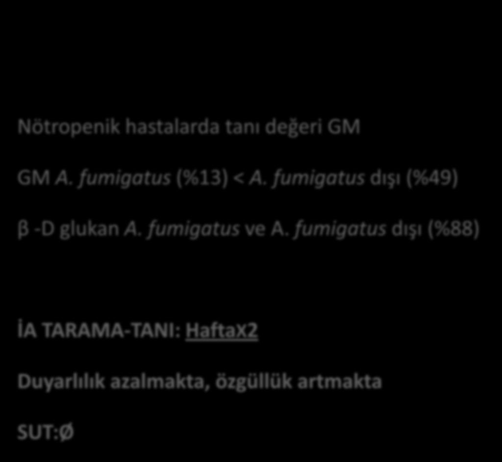 Aspergillozis: (1,3) β-d glukan %55-95 %77-96 Nötropenik hastalarda tanı değeri GM GM A.