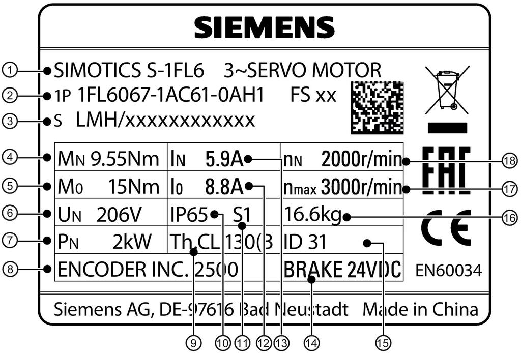Motor sınıflandırma etiketi (örnek) 1 Motor tipi 10 Koruma derecesi 2 Parça numarası 11 Motor çalışma modu 3 Seri numarası 12 Duruş akımı 4 Anma torku 13 Anma akımı 5 Duruş