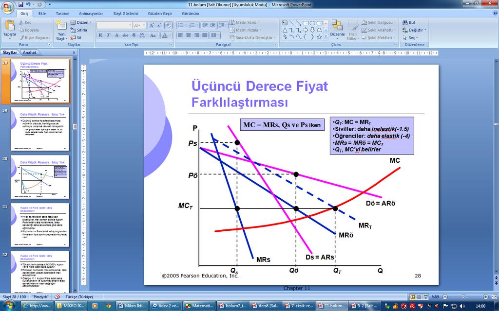 (16-12)/16=1/ed; ed=-4 e) Üçüncü derece fiyat farklılaştırmasıdır. 1) azarı iki gruba ayırır. 2)Her grubun kendi talep eğrisi mevcuttur.