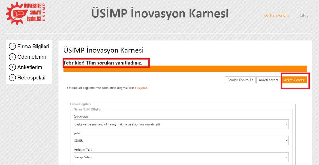 121 sorunun doldurulması durumunda anket ekranında Tebrikler, tüm soruları yanıtladınız mesajı