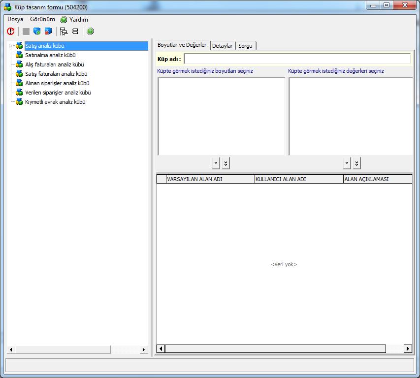 VERİ ANALİZ KÜPLERİ Küp Tasarım Formu (504200) Küp tasarım formunun amacı; kullanıcılarımızın kendi veri analiz küplerini basit ve kolaylaştırılmış bir ekran yardımı ile tasarlamalarına yardımcı