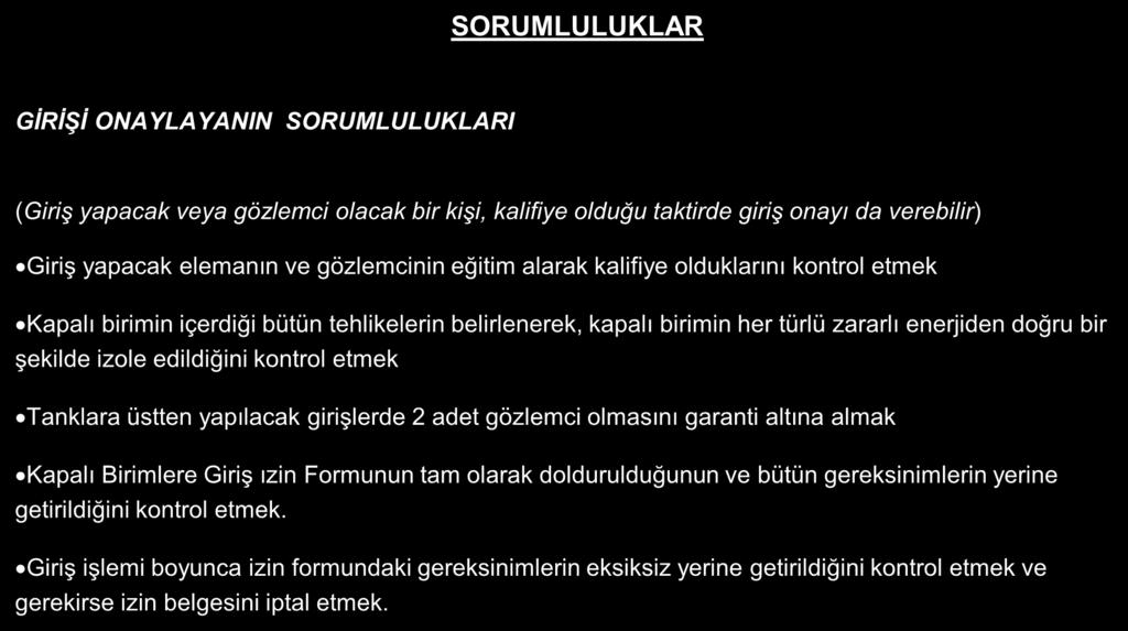 SORUMLULUKLAR GİRİŞİ ONAYLAYANIN SORUMLULUKLARI (Giriş yapacak veya gözlemci olacak bir kişi, kalifiye olduğu taktirde giriş onayı da verebilir) Giriş yapacak elemanın ve gözlemcinin eğitim alarak