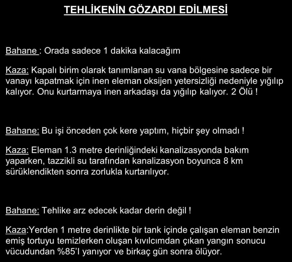 TEHLİKENİN GÖZARDI EDİLMESİ Bahane : Orada sadece 1 dakika kalacağım Kaza: Kapalı birim olarak tanımlanan su vana bölgesine sadece bir vanayı kapatmak için inen eleman oksijen yetersizliği nedeniyle