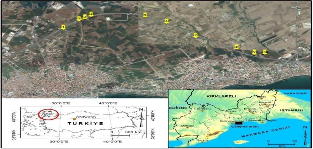 Şekil 1. Çalışma alanının konumu Figure 1. Location of study area Saha Akdeniz ikliminin etki alanında yer almasına rağmen yaz kuraklığı Akdeniz iklimindeki kadar hissedilmemektedir.