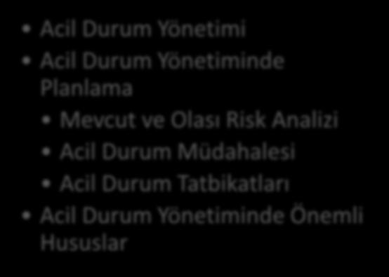 İŞ SAĞLIĞI VE GÜVENLİĞİ ACİL DURUM YÖNETİMİ İÇİNDEKİLER Acil Durum Yönetimi Acil Durum Yönetiminde Planlama Mevcut ve Olası Risk Analizi