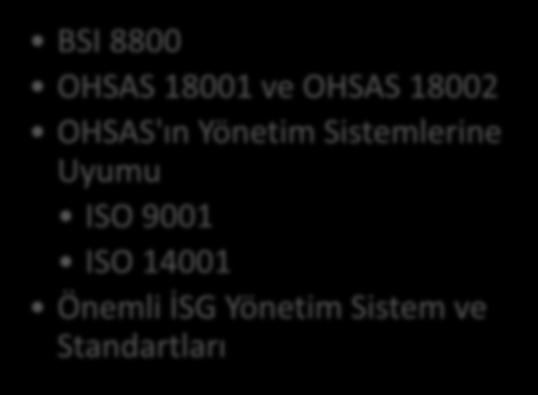 İŞ SAĞLIĞI VE GÜVENLİĞİ YÖNETİM SİSTEMLERİNİN GELİŞİMİ İÇİNDEKİLER BSI 8800 OHSAS 18001 ve OHSAS 18002 OHSAS'ın Yönetim Sistemlerine Uyumu ISO 9001 ISO