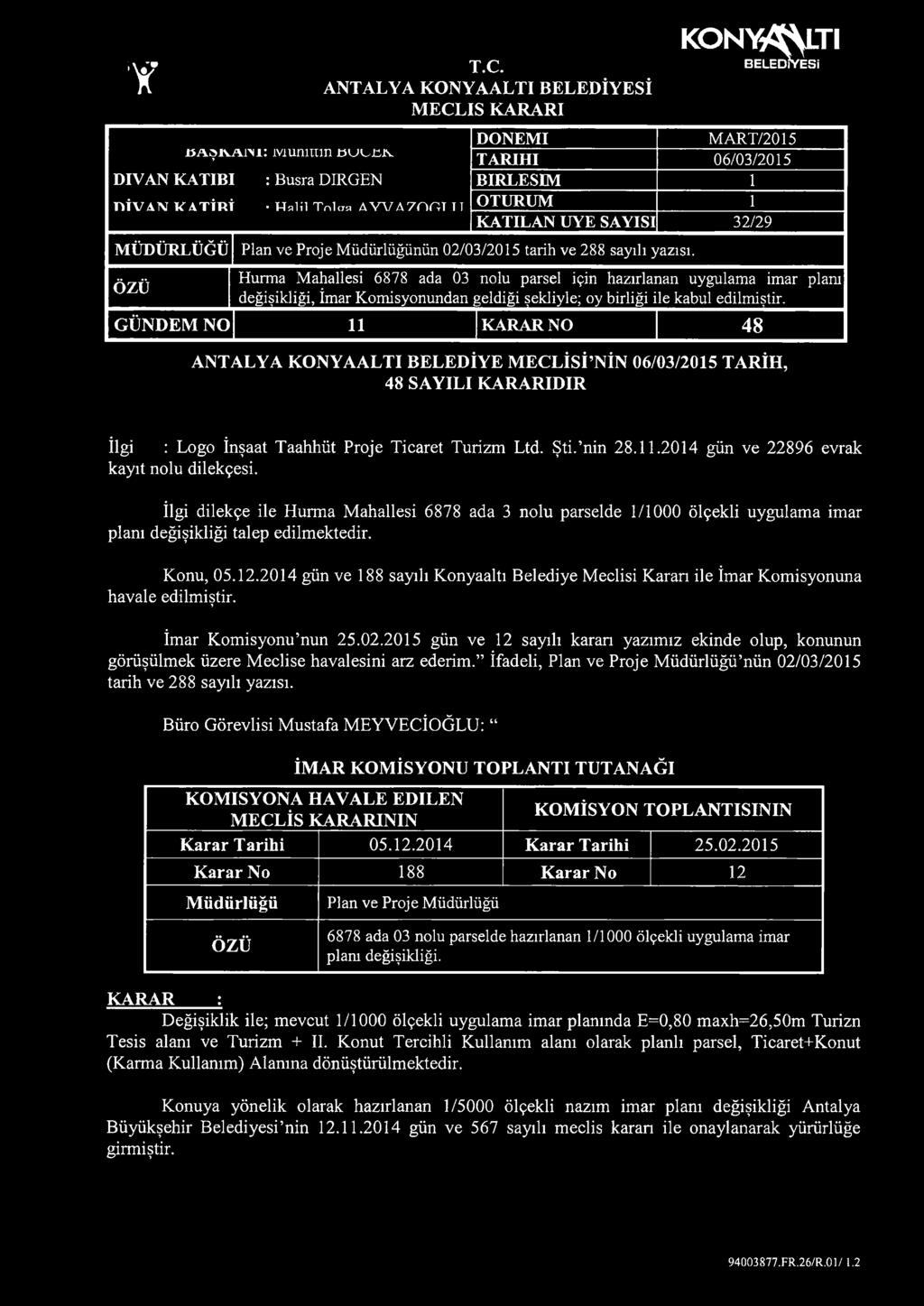 KATILAN UYE SAYISI 32/29 MÜDÜRLÜĞÜ Plan ve Proje Müdürlüğünün 02/03/2015 tarih ve 288 sayılı yazısı.