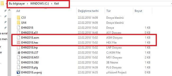 yoktur. Yeni program için yeni kodlar yine EHM2018.asm dosyasının içine yazılabilir. Yazılan yeni program F7 tuşuna basılarak EHM2018.