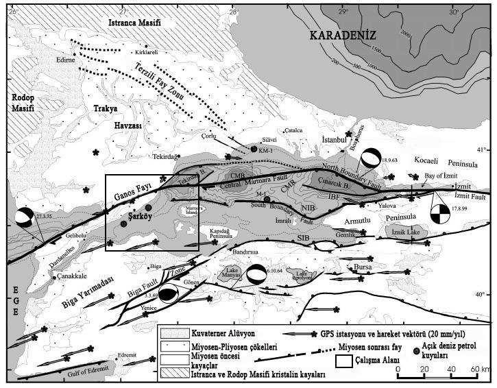 ile ulaşmıştır (Okay vd. 1999, Şengör vd. 24). KAF ın en aktif kolu olan Ganos Fayı, Tekirdağ Çukurunu doğudan sınırlamaktadır (Şekil 1.5).