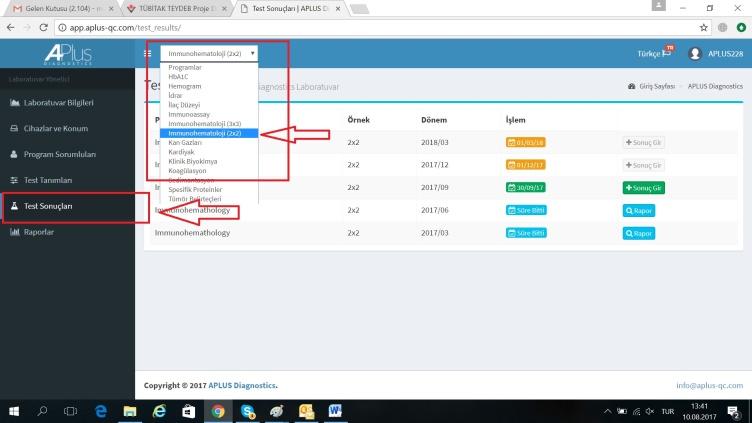 4- Daha sonra üstteki kolondan immun hematoloji programını seçiniz ve test sonuçları sekmesini