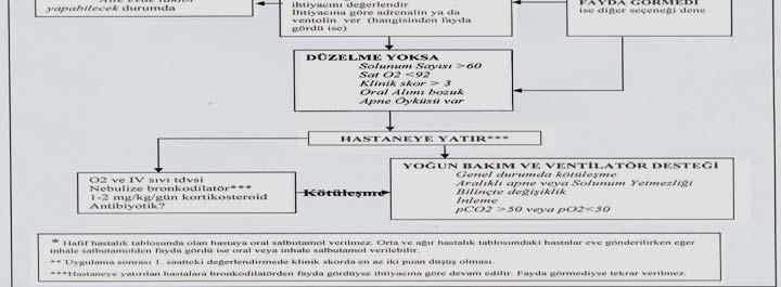 Klinik değerlendirme ile hipoksiden şüphe ediliyor ise nabızoksimetre ile ölçüm yapılmalıdır. Hastalığın ağırlığı ve hastanın tedaviye verdiği yanıt klinik skor ile belirlenmelidir.