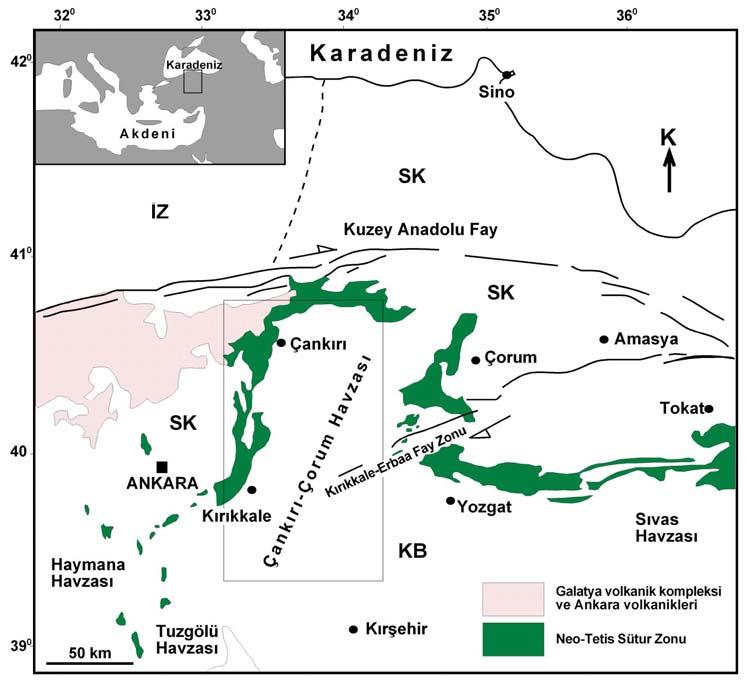 BÖLÜM 3. ÇORAKYERLER KAZI ALANI VE ÇEVRESİNİN JEOLOJİSİ Çorakyerler kazı alanı, İç Anadolu nun en önemli Tersiyer havzalarından biri olan Çankırı-Çorum Havzası içinde yer almaktadır (Şekil 2 ).