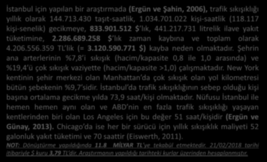İSTANBUL DAKİ TRAFİK SIKIŞIKLIĞININ MALİYETİ İstanbul için yapılan bir araştırmada (Ergün ve Şahin, 2006), trafik sıkışıklığı yıllık olarak 144.713.430 taşıt-saatlik, 1.034.701.022 kişi-saatlik (118.