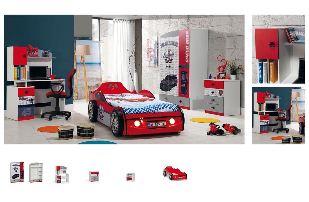 ÇOCUK ODASI KIDSROOM Speed Çocuk Odası / KIDS ROOM Bu kompozisyon Üçlü Dolap, Araba Yatak, Çalışma Masası ve Şifonyer ile oluşturulmuştur.