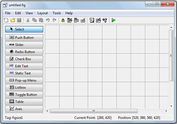 Şekil 5.2 GUI çalışma ortamı 5.4 GUI Bileşenlerini Çalışma Ortamına Ekleme MATLAB GUI de araç kutusu hazırlamak için sol bölümde bulunan bileşenlerin çalışma ortamnda eklenmesi gerekmektedir.