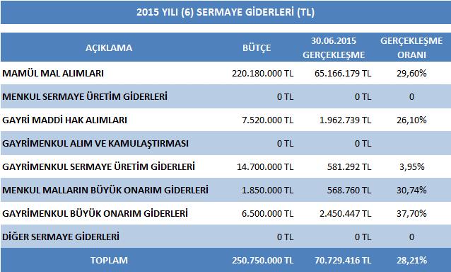 6.SERMAYE GİDERLERİ 25 TL Millions 2 TL 15 TL 1 TL 5 TL TL MAMÜL MAL ALIMLARI GAYRİ MADDİ GAYRİMENKUL HAK ALIMLARI SERMAYE ÜRETİM GİDERLERİ MENKUL MALLARIN BÜYÜK ONARIM GİDERLERİ GAYRİMENKUL BÜYÜK