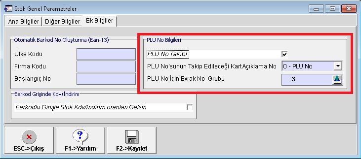 Ekran 5 : Stok Genel Parametreleri İlgili tanımlar yapıldıktan sonra Stok Modülü Servis Dosya İşlemleri Stok Toplu Plu No oluşturma ekranına girilir.