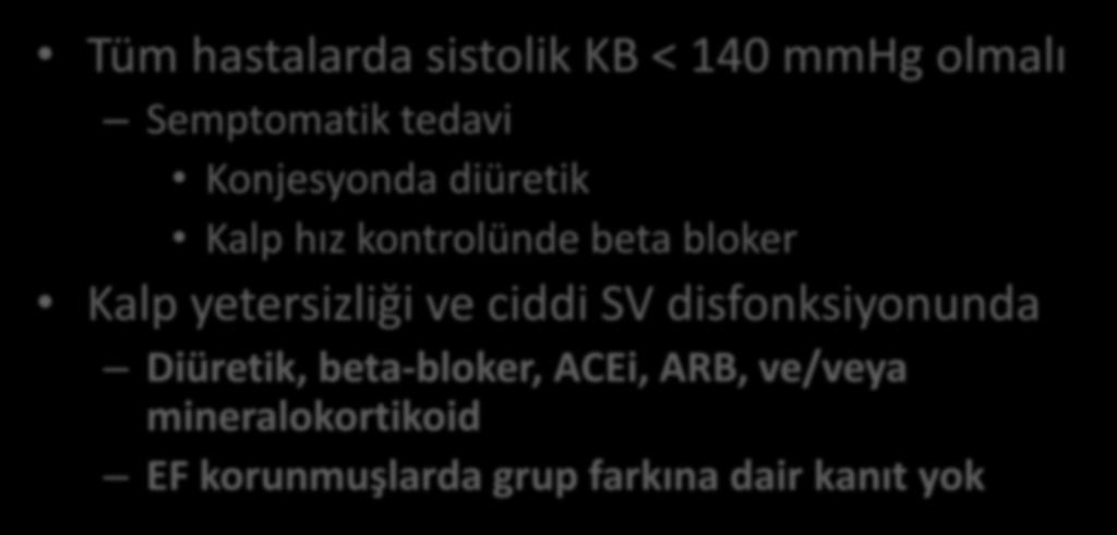 Kalp yetersizliği + HT Tüm hastalarda sistolik KB < 140 mmhg olmalı Semptomatik tedavi Konjesyonda diüretik Kalp hız kontrolünde beta bloker Kalp