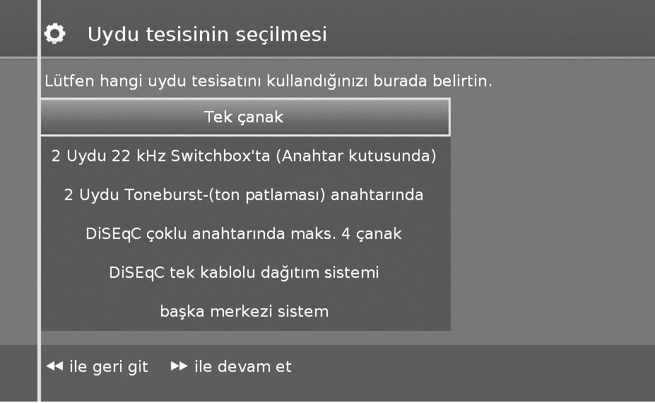 Frekans ve Ağ Kimliği değeri kablolu yayın sağlayıcısı tarafından belirtilen değere ayarlanmalıdır. Devam etmek için J 'ye basın. DVB-S alışı için ayar seçenekleri J düğmesine basın.